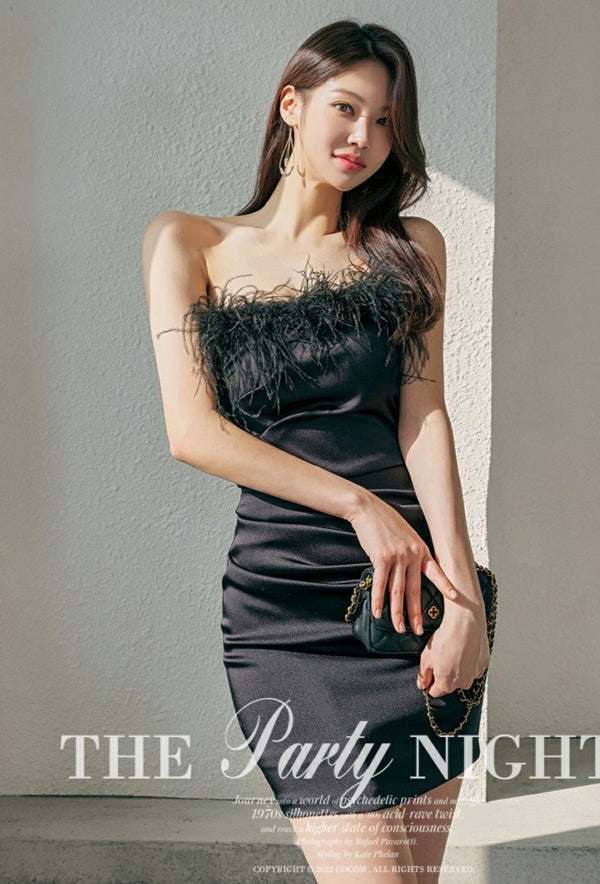Black feather tube top dress