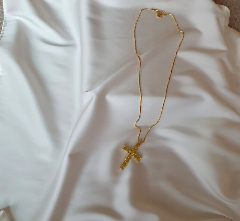 Crystal stone gold plated Cross long necklace